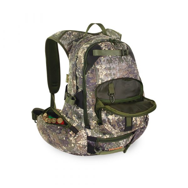 Mochila-Nature-by-Marsupio-SUEDE-CAMO-38-imagen-frontal-con-bolsillo-delantero-abierto Mochila de caza con bolsillo para rifle Suede Camo 38 litros PF Pro Nature by Marsupio