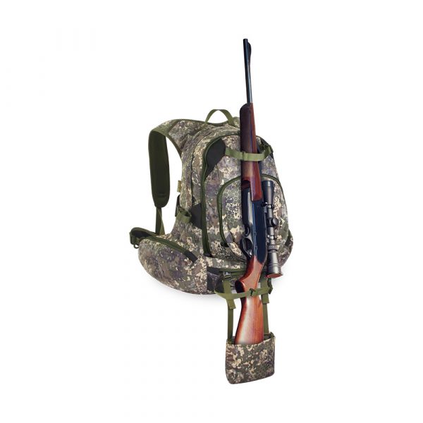 Mochila-Nature-by-Marsupio-SUEDE-CAMO-38-imagen-frontal-con-el-rifle-por-fuera Mochila de caza con bolsillo para rifle Suede Camo 38 litros PF Pro Nature by Marsupio