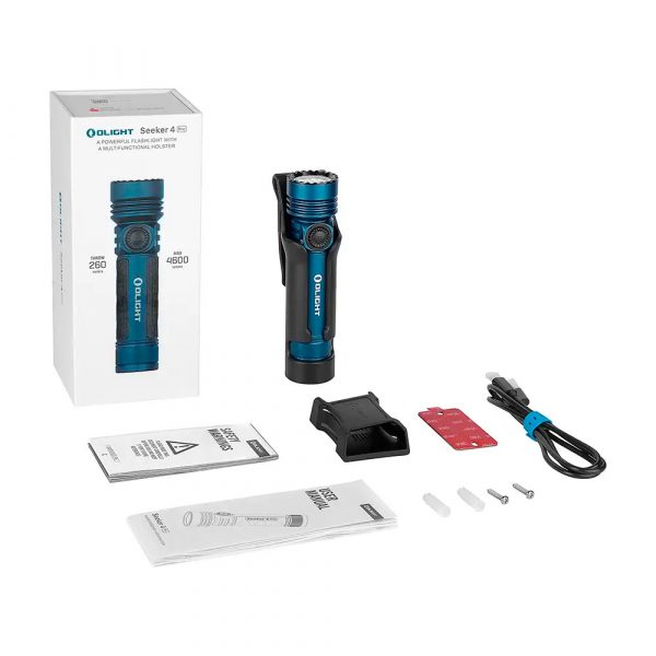 Lintera-Seeker-4-Pro-Azul-Medianoche-con-LED-blanco-neutro-imagen-con-el-pack-completo Linterna LED de mano Olight Seeker 4 Pro 4.600 lúmenes