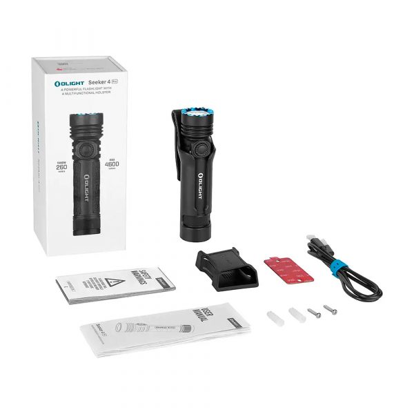 Lintera-Seeker-4-Pro-Negra-con-LED-blanco-frio-imagen-del-pack-completo Linterna LED de mano Olight Seeker 4 Pro 4.600 lúmenes