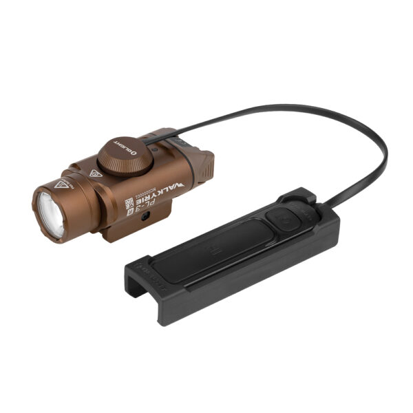 Linterna-para-arma-corta-Valkyrie-PL-3R-de-Olight-color-desierto-imagen-con-carril-y-pulsador-remoto Linterna LED para arma corta Olight Valkyrie PL-3R 1.500 lúmenes