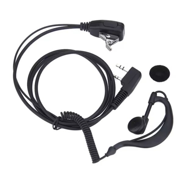 Auricular de 2 Pines con Micrófono PTT y Gancho para la Oreja - Cable de 1m - Compatible con Baofeng UV5R, Kenwood, HYT y más Auricular de 2 Pines con Micrófono PTT y Gancho para la Oreja - Cable de 1m - Compatible con Baofeng UV5R, Kenwood, HYT y más